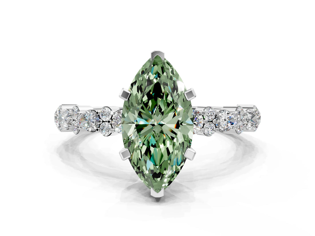 White gold Fancy Green Marquise Cut Diamond Side Stone Solitaire Ring with Round  and Four-Prong Setting_162
