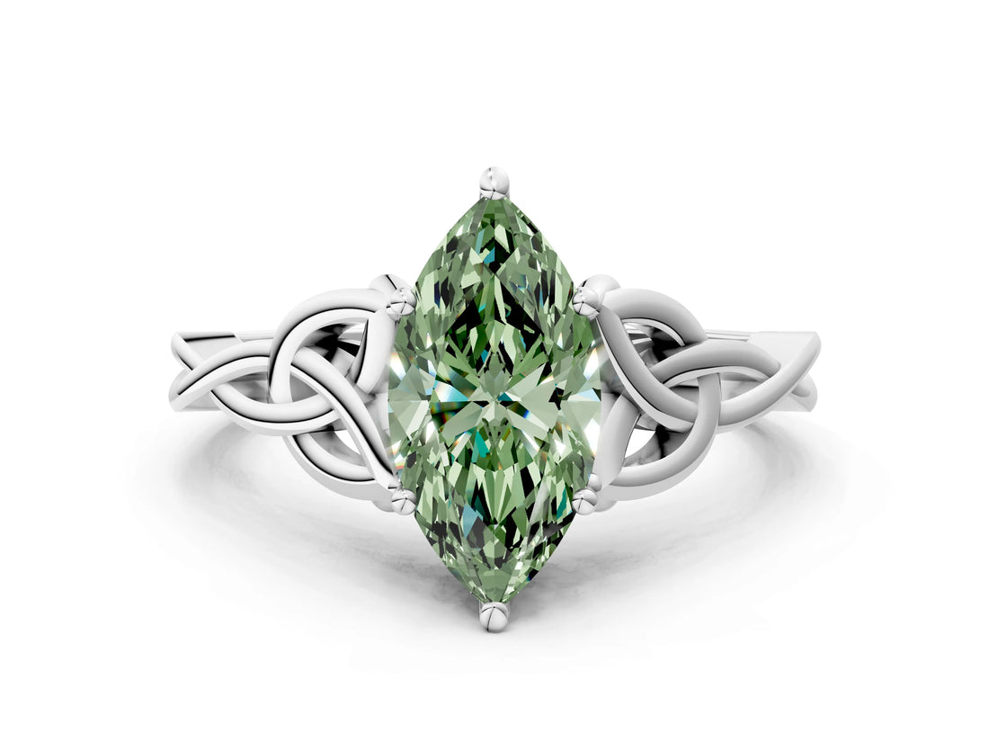 White gold Fancy Green Marquise Cut Diamond Solitaire Celtic Knot Ring with Four-Prong Setting_72