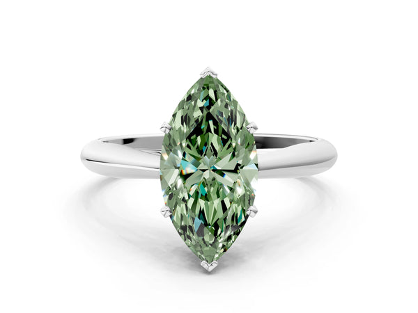 Platinum Fancy Green Marquise Cut Diamond Solitaire Engagement Ring with Cathedral Setting and Four-Prong Mount