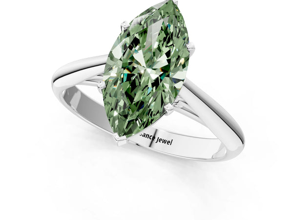Platinum Fancy Green Marquise Cut Diamond Solitaire Engagement Ring with Cathedral Setting and Four-Prong Mount