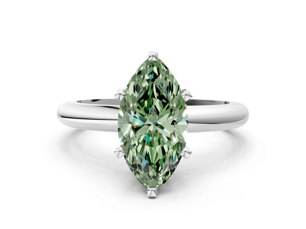 Platinum Fancy Green Marquise Cut Diamond Solitaire Engagement Ring with Round Band and Four-Prong Setting