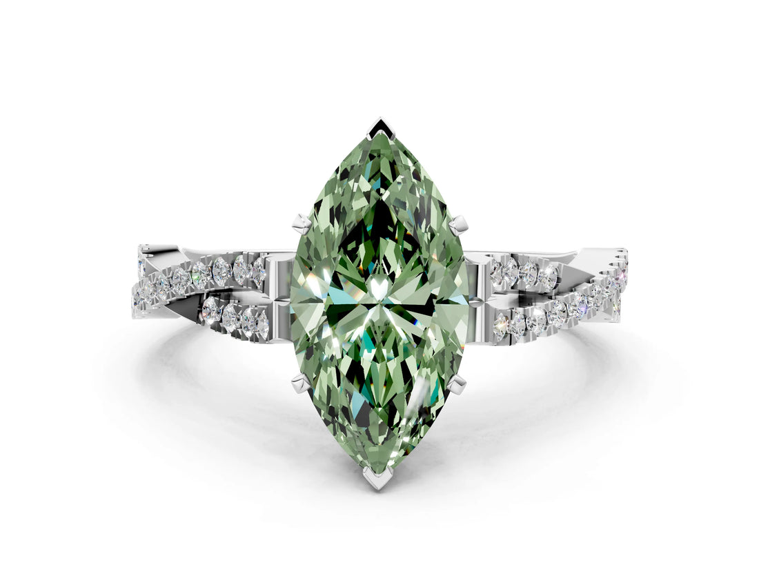 White gold Fancy Green Marquise Cut Diamond Solitaire Engagement Ring with Twisted Pavé Band and Four-Prong Setting_80