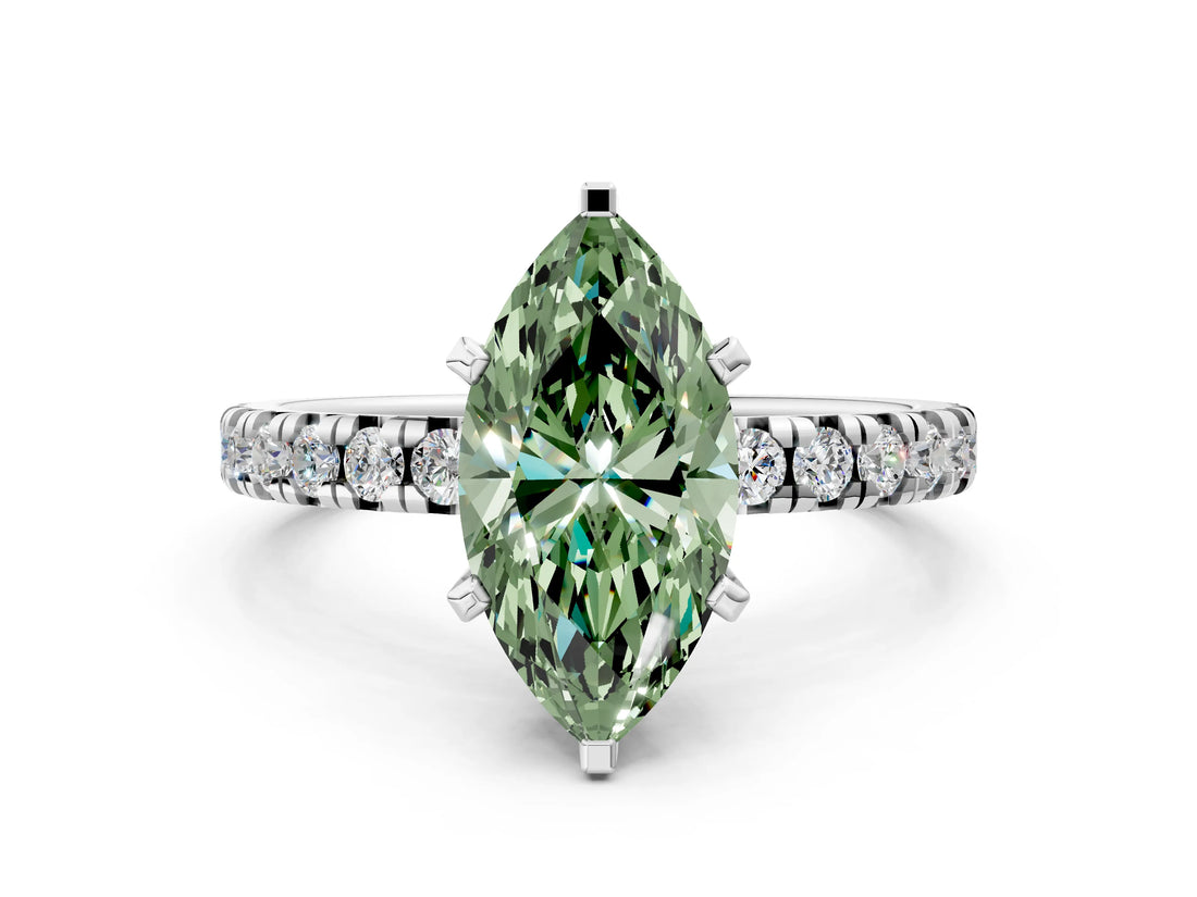White gold Fancy Green Marquise Cut Diamond Solitaire Pavé Engagement Ring with Round Band and Prong Setting_38