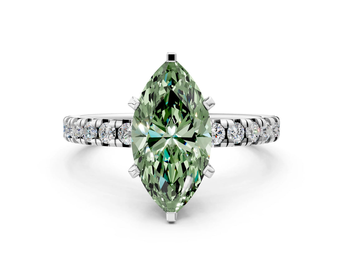 White gold Fancy Green Marquise Cut Diamond Solitaire Pavé Engagement Ring with Round Band and Prong Setting_86