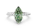 White gold Fancy Green Marquise Cut Diamond Solitaire Ring with Beaded Band and Prong Setting_416