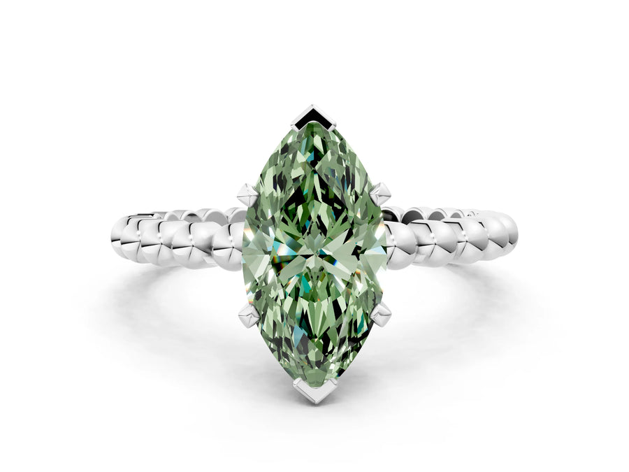 White gold Fancy Green Marquise Cut Diamond Solitaire Ring with Beaded Band and Prong Setting