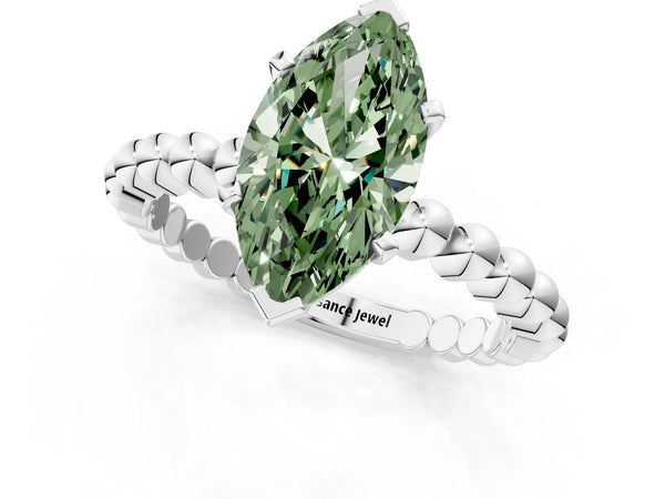 White gold Fancy Green Marquise Cut Diamond Solitaire Ring with Beaded Band and Prong Setting