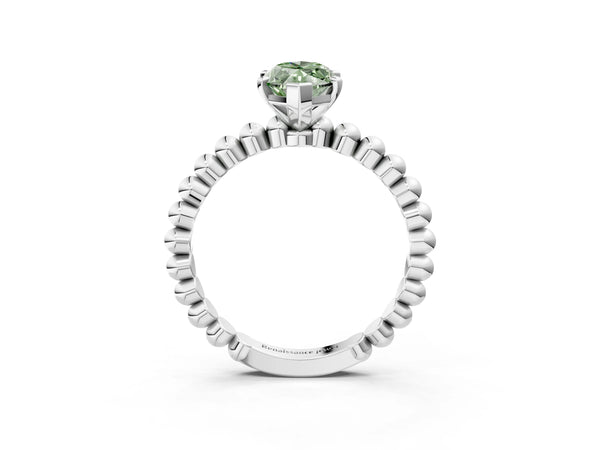 Platinum Fancy Green Marquise Cut Diamond Solitaire Ring with Beaded Band and Prong Setting