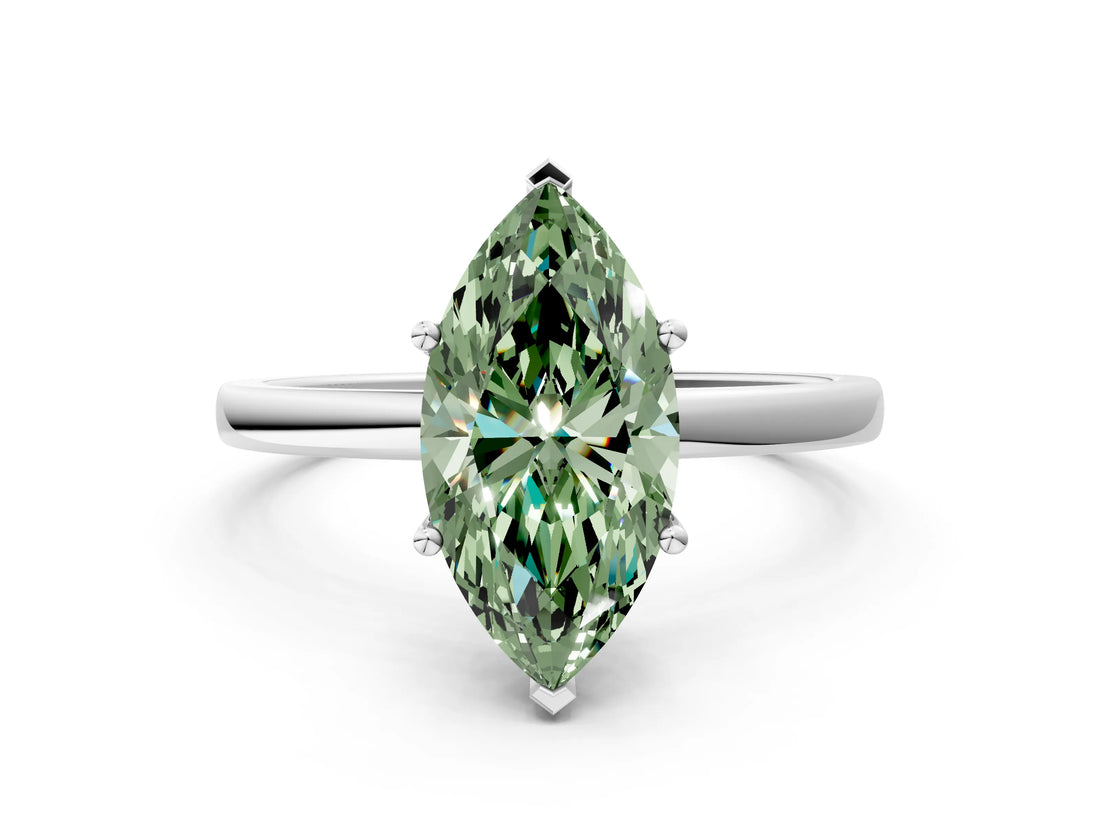 White gold Fancy Green Marquise Cut Diamond Solitaire Ring with Classic Band and Four-Prong Setting