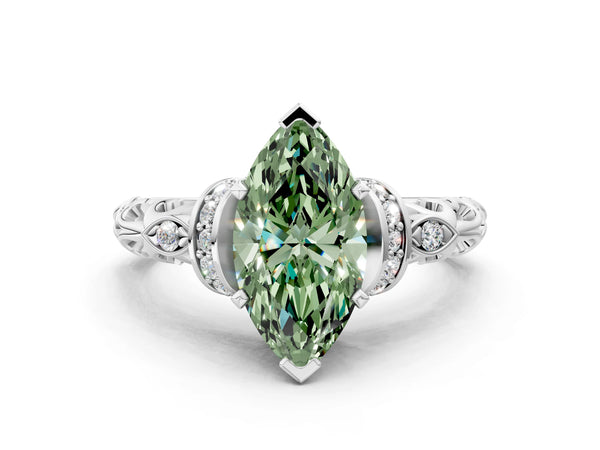 Platinum Fancy Green Marquise Cut Diamond Solitaire Ring with Filigree Band and Four-Prong Setting