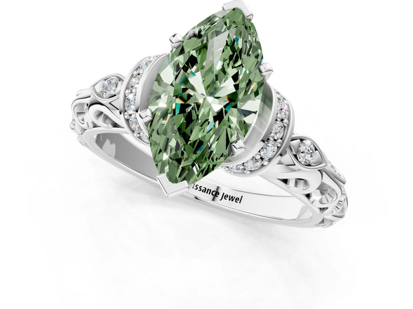 Platinum Fancy Green Marquise Cut Diamond Solitaire Ring with Filigree Band and Four-Prong Setting