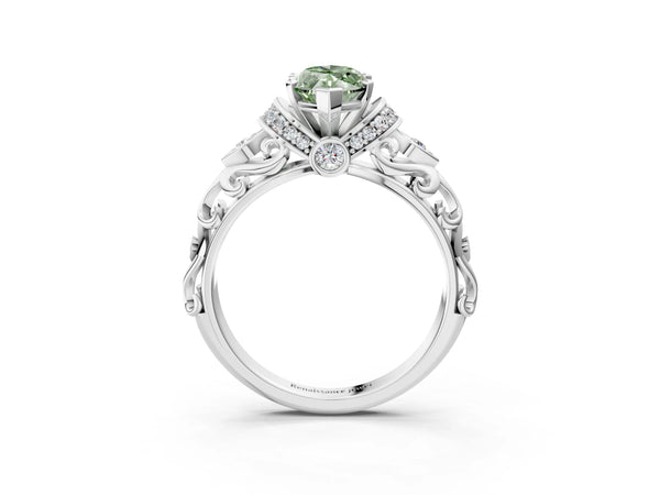 Platinum Fancy Green Marquise Cut Diamond Solitaire Ring with Filigree Band and Four-Prong Setting