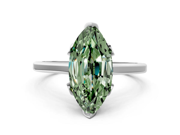White gold Fancy Green Marquise Cut Diamond Solitaire Ring with Flower Prong Setting and Classic Band