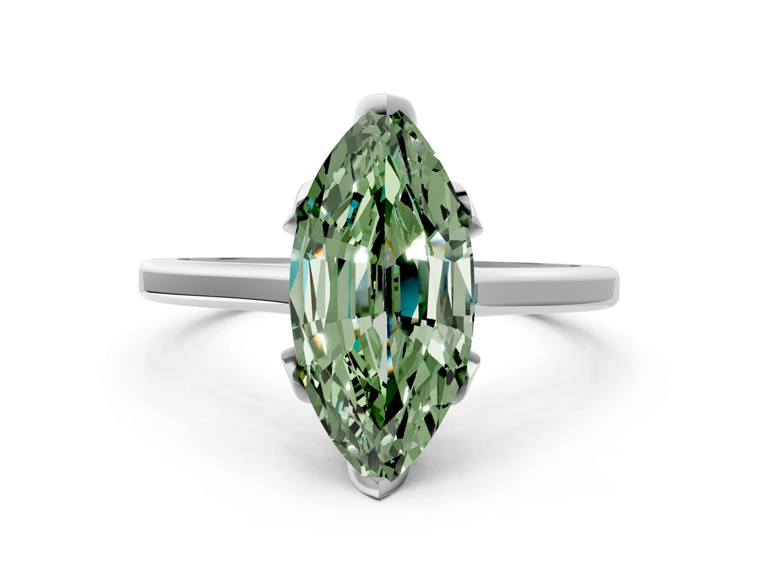 White gold Fancy Green Marquise Cut Diamond Solitaire Ring with Flower Prong Setting and Classic Band_185