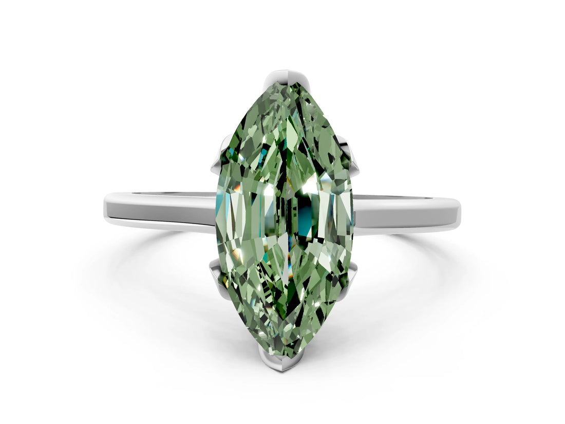 White gold Fancy Green Marquise Cut Diamond Solitaire Ring with Flower Prong Setting and Classic Band_25