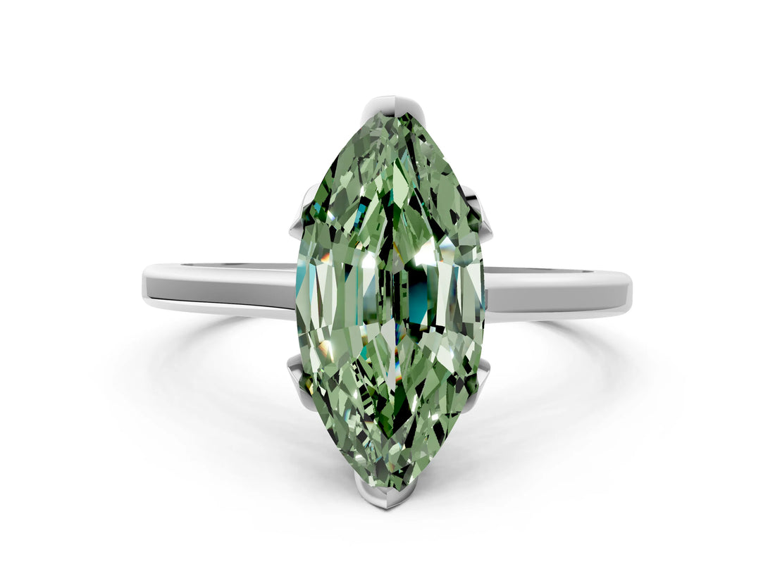 White gold Fancy Green Marquise Cut Diamond Solitaire Ring with Flower Prong Setting and Classic Band_35