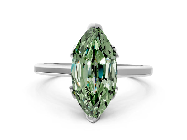 White gold Fancy Green Marquise Cut Diamond Solitaire Ring with Flower Prong Setting and Classic Band