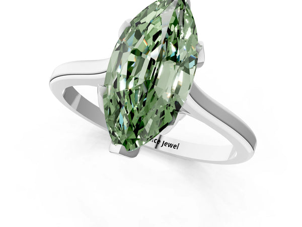 White gold Fancy Green Marquise Cut Diamond Solitaire Ring with Flower Prong Setting and Classic Band
