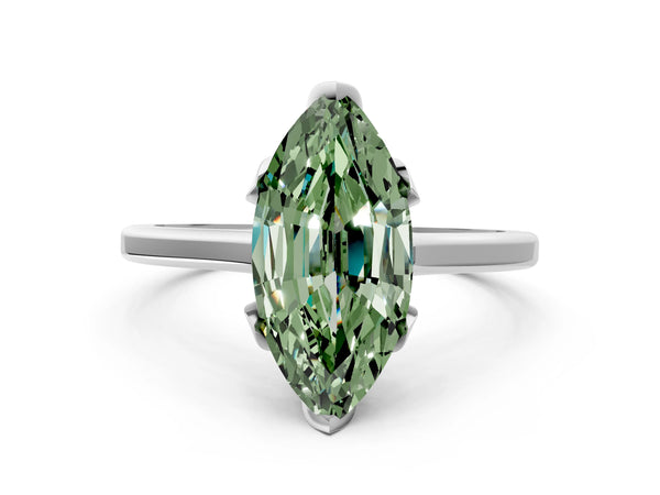 White gold Fancy Green Marquise Cut Diamond Solitaire Ring with Flower Prong Setting and Classic Band