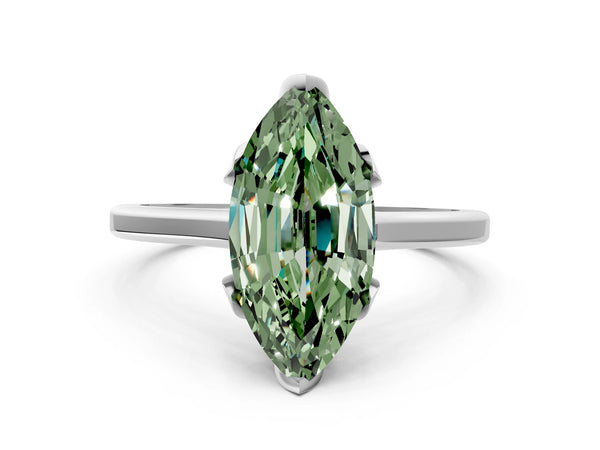 White gold Fancy Green Marquise Cut Diamond Solitaire Ring with Flower Prong Setting and Classic Band