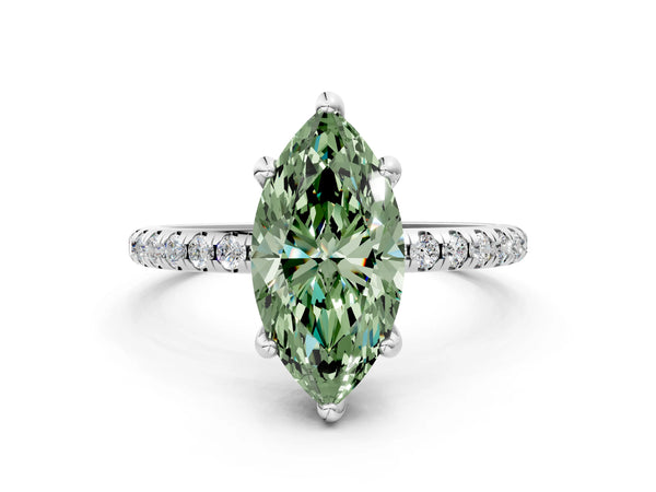 White gold Fancy Green Marquise Cut Diamond Solitaire Ring with Four-Prong Setting and Pavé Band