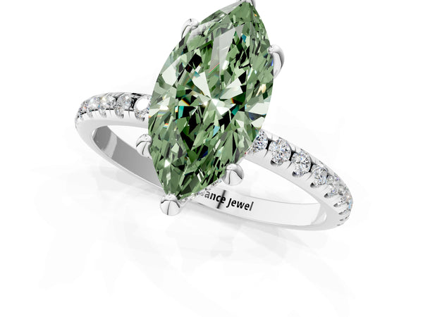 White gold Fancy Green Marquise Cut Diamond Solitaire Ring with Four-Prong Setting and Pavé Band