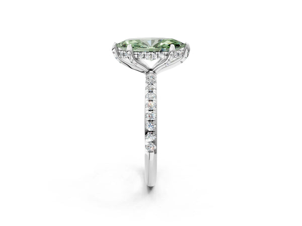 White gold Fancy Green Marquise Cut Diamond Solitaire Ring with Four-Prong Setting and Pavé Band