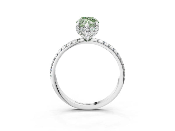 White gold Fancy Green Marquise Cut Diamond Solitaire Ring with Four-Prong Setting and Pavé Band