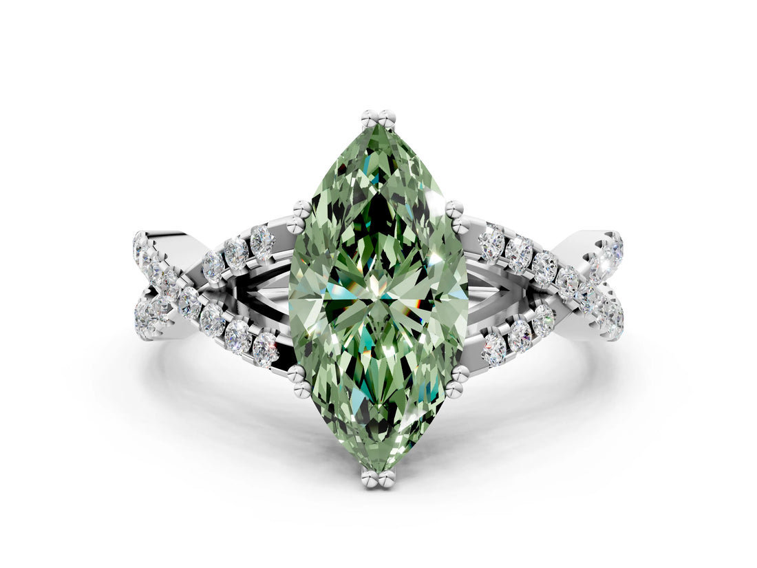 White gold Fancy Green Marquise Cut Diamond Solitaire Ring with Four-Prong Setting and Twisted Pavé Band_51