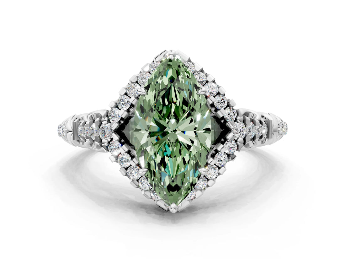 White gold Fancy Green Marquise Cut Diamond Solitaire Ring with Hidden Halo and Pavé Band_39