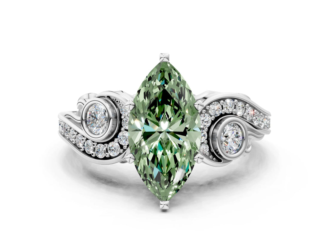White gold Fancy Green Marquise Cut Diamond Solitaire Ring with Milgrain Pavé Band and Four-Prong Setting_249