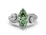 White gold Fancy Green Marquise Cut Diamond Solitaire Ring with Milgrain Pavé Band and Four-Prong Setting_249
