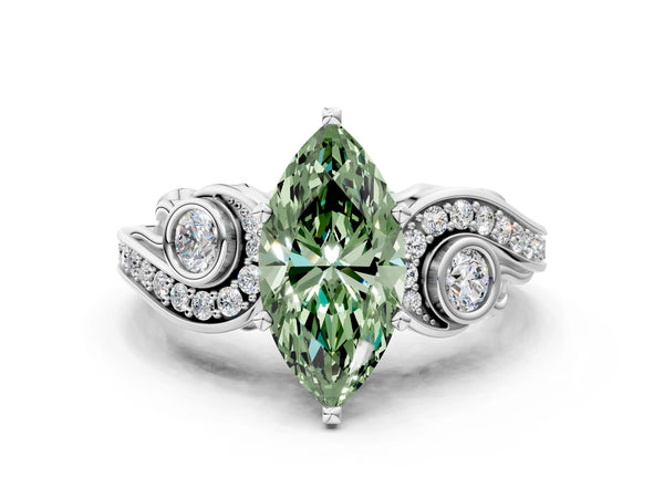 Platinum Fancy Green Marquise Cut Diamond Solitaire Ring with Milgrain Pavé Band and Four-Prong Setting