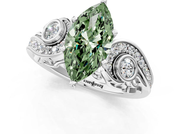 Platinum Fancy Green Marquise Cut Diamond Solitaire Ring with Milgrain Pavé Band and Four-Prong Setting