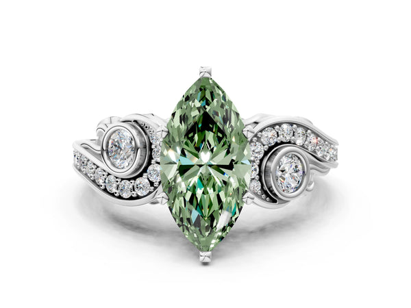 Platinum Fancy Green Marquise Cut Diamond Solitaire Ring with Milgrain Pavé Band and Four-Prong Setting