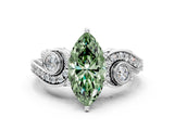 White gold Fancy Green Marquise Cut Diamond Solitaire Ring with Milgrain Pavé Band and Four-Prong Setting_261