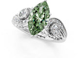 White gold Fancy Green Marquise Cut Diamond Solitaire Ring with Milgrain Pavé Band and Four-Prong Setting_262