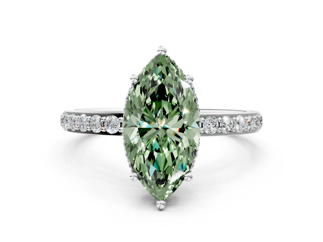 White gold Fancy Green Marquise Cut Diamond Solitaire Ring with Pavé Band and Hidden Halo_32