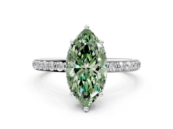 White gold Fancy Green Marquise Cut Diamond Solitaire Ring with Pavé Band and Hidden Halo