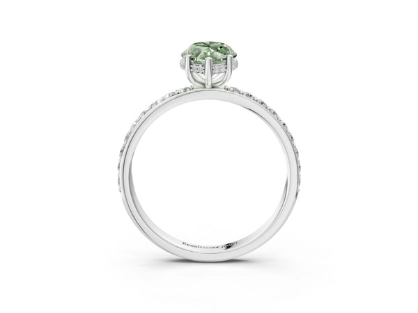 White gold Fancy Green Marquise Cut Diamond Solitaire Ring with Pavé Band and Hidden Halo