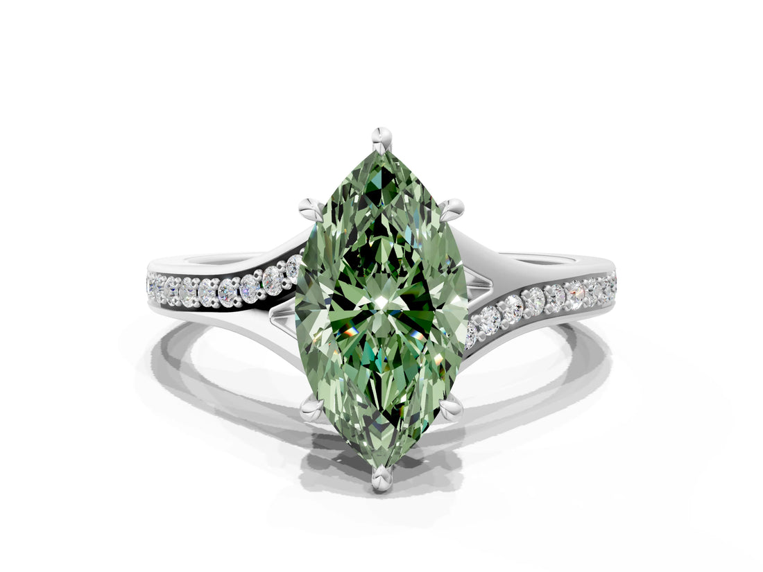 White gold Fancy Green Marquise Cut Diamond Solitaire Ring with Pavé Band and Prong Setting_12