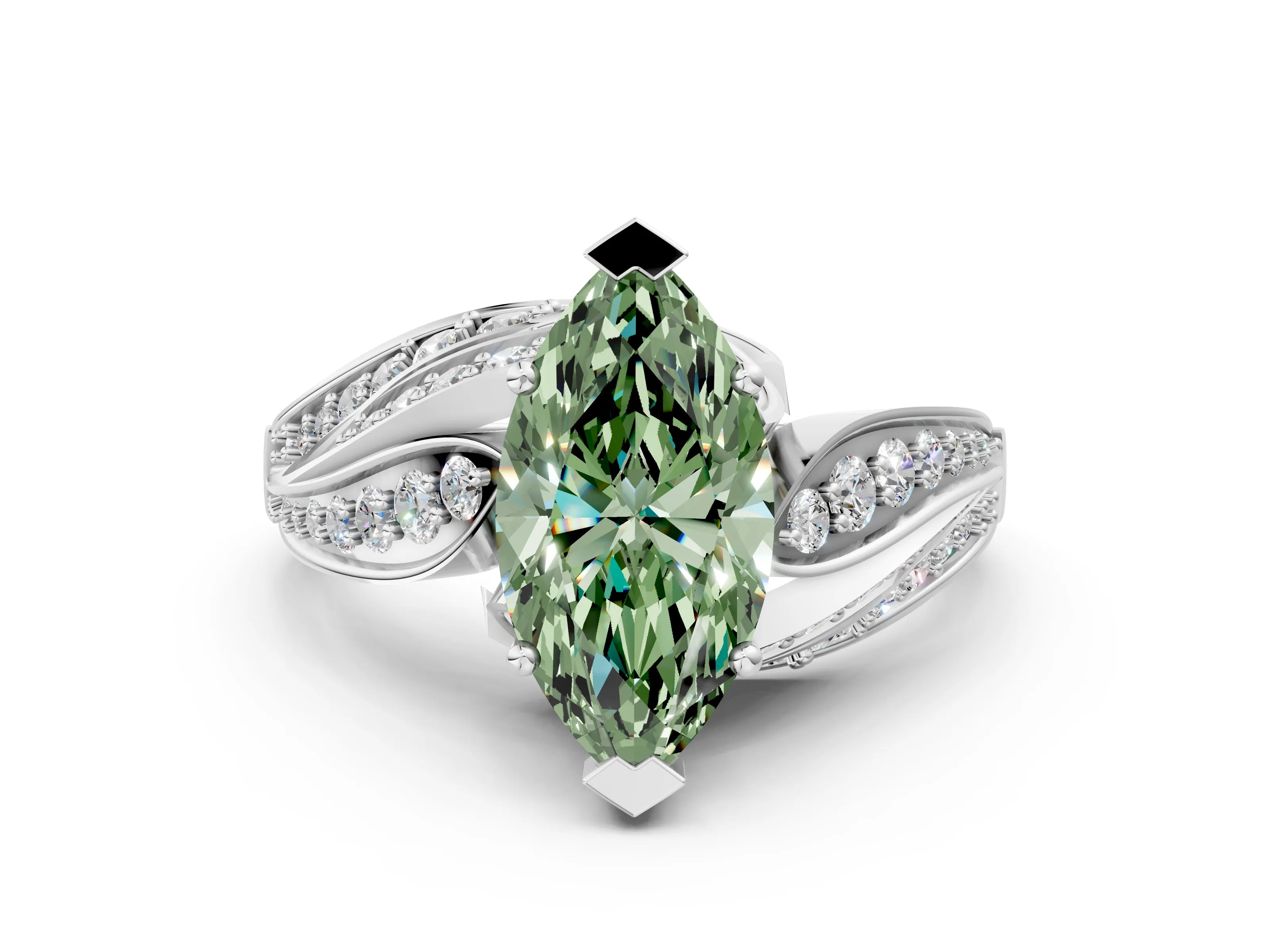 White gold Fancy Green Marquise Cut Diamond Solitaire Ring with Prong Setting and Twisted Pavé Band_12