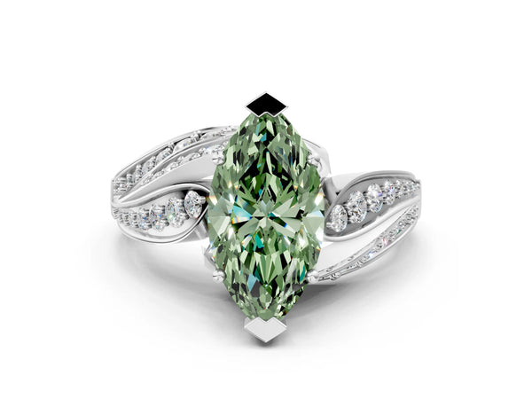 White gold Fancy Green Marquise Cut Diamond Solitaire Ring with Prong Setting and Twisted Pavé Band