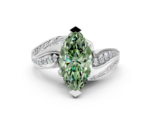 White gold Fancy Green Marquise Cut Diamond Solitaire Ring with Prong Setting and Twisted Pavé Band