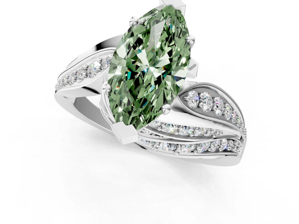 White gold Fancy Green Marquise Cut Diamond Solitaire Ring with Prong Setting and Twisted Pavé Band