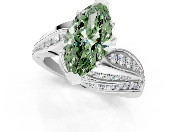 White gold Fancy Green Marquise Cut Diamond Solitaire Ring with Prong Setting and Twisted Pavé Band