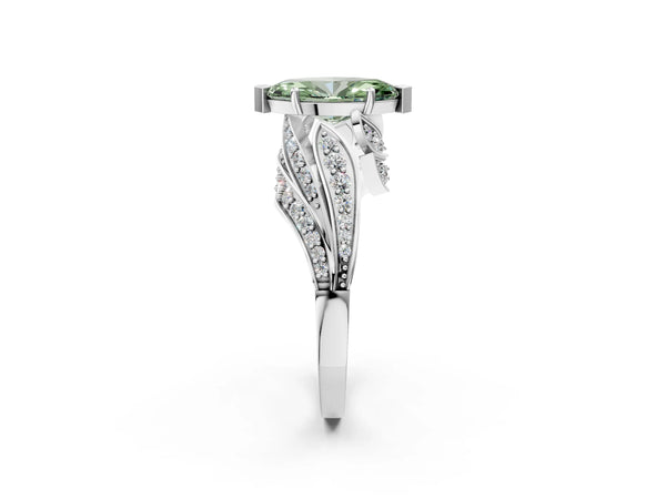 White gold Fancy Green Marquise Cut Diamond Solitaire Ring with Prong Setting and Twisted Pavé Band