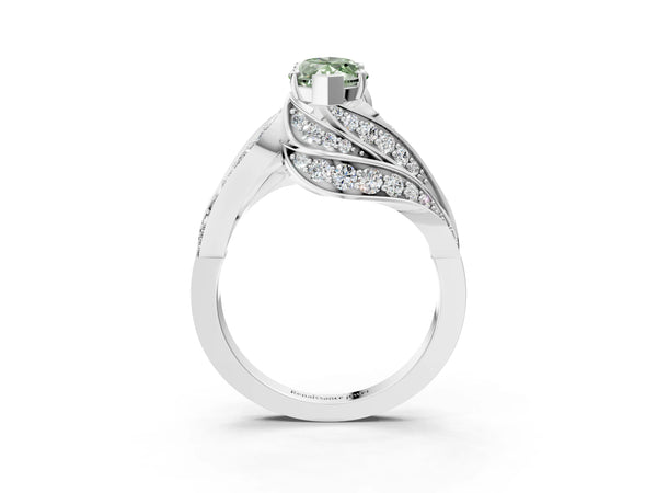 White gold Fancy Green Marquise Cut Diamond Solitaire Ring with Prong Setting and Twisted Pavé Band