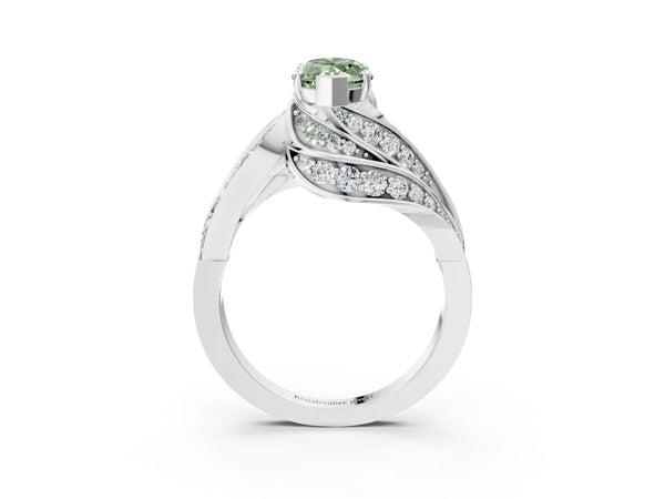White gold Fancy Green Marquise Cut Diamond Solitaire Ring with Prong Setting and Twisted Pavé Band
