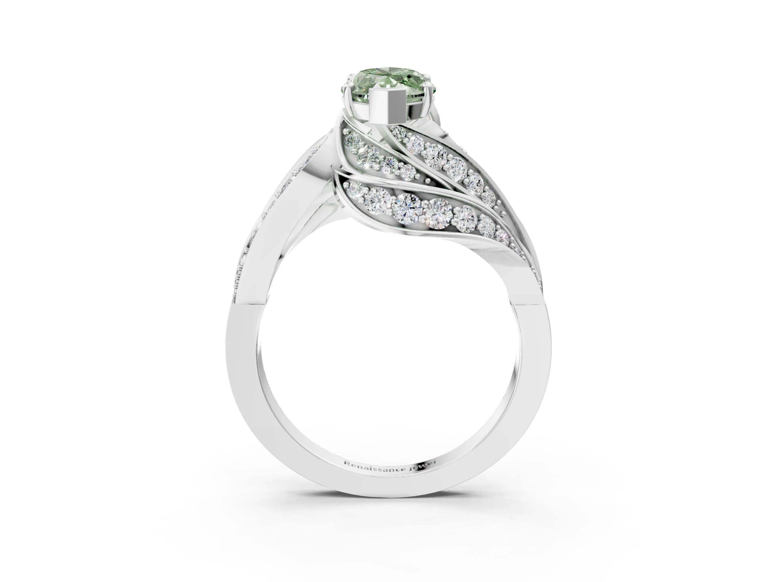 White gold Fancy Green Marquise Cut Diamond Solitaire Ring with Prong Setting and Twisted Pavé Band_15